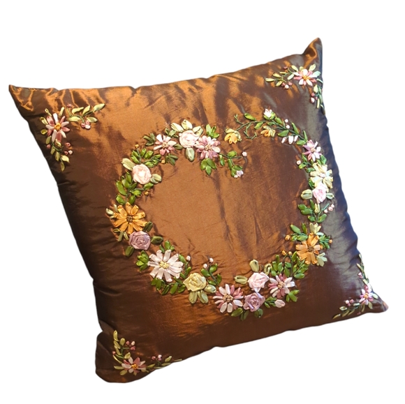 Embroidered Satin Pillow CASE ONLY, throw  cover, 3D floral ribbons, 18" x 18" - Picture 3 of 12
